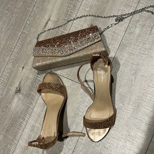 Size 8.5 rose gold glitter heels and matching purse
